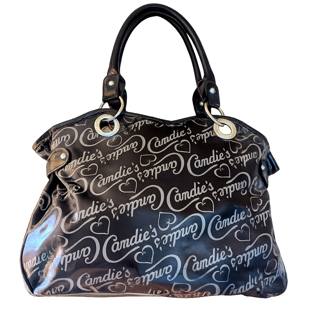 Candie’s Black Logo Shoulder Bag Y2K Purse | Glossy Vinyl Tote Handbag